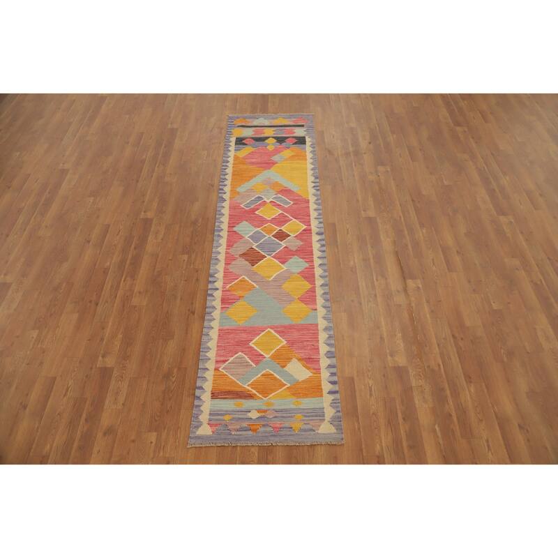 Hand Woven Oriental 100% Wool Carpet Southwestern Modern Pink Kilim Runner Rug - 8' 3'' X 2' 0''