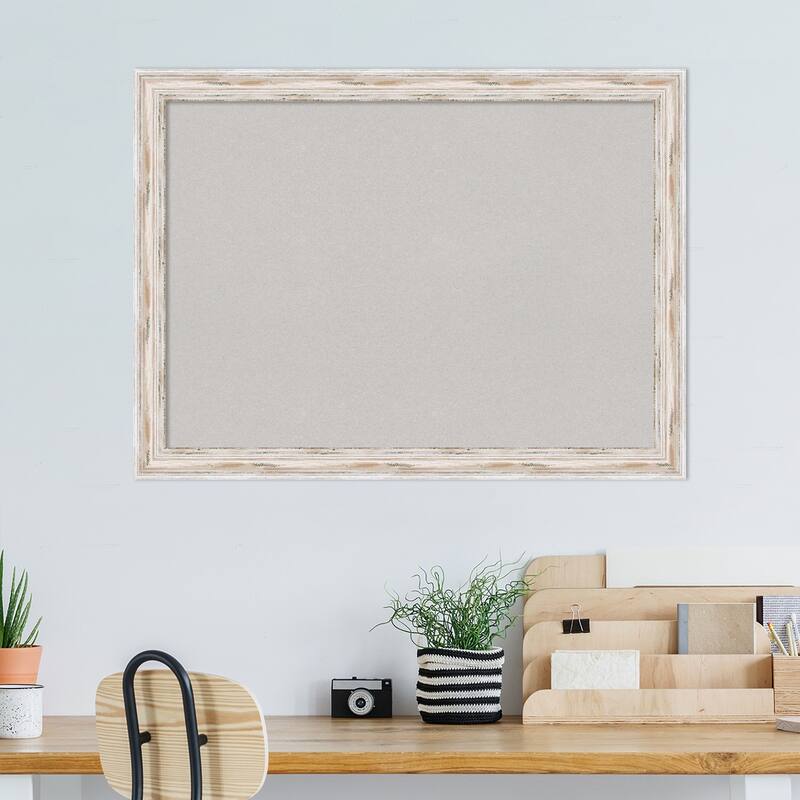 Alexandria White Wash Narrow Wood Framed Grey Corkboard Bulletin Board, Organization Board, Pin Board