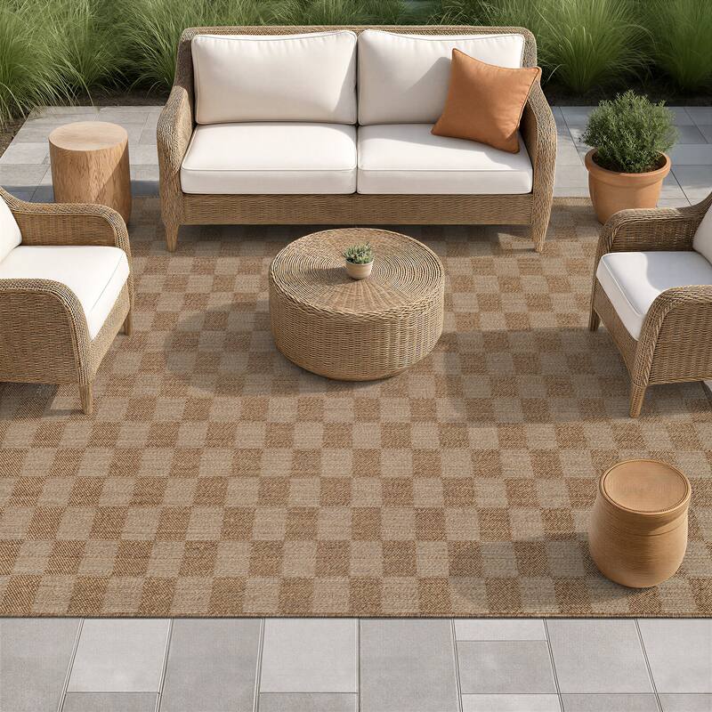 World Rug Gallery Checkered Indoor/Outdoor Flat Woven Area Rug - 7' 10" x 10' - Sand