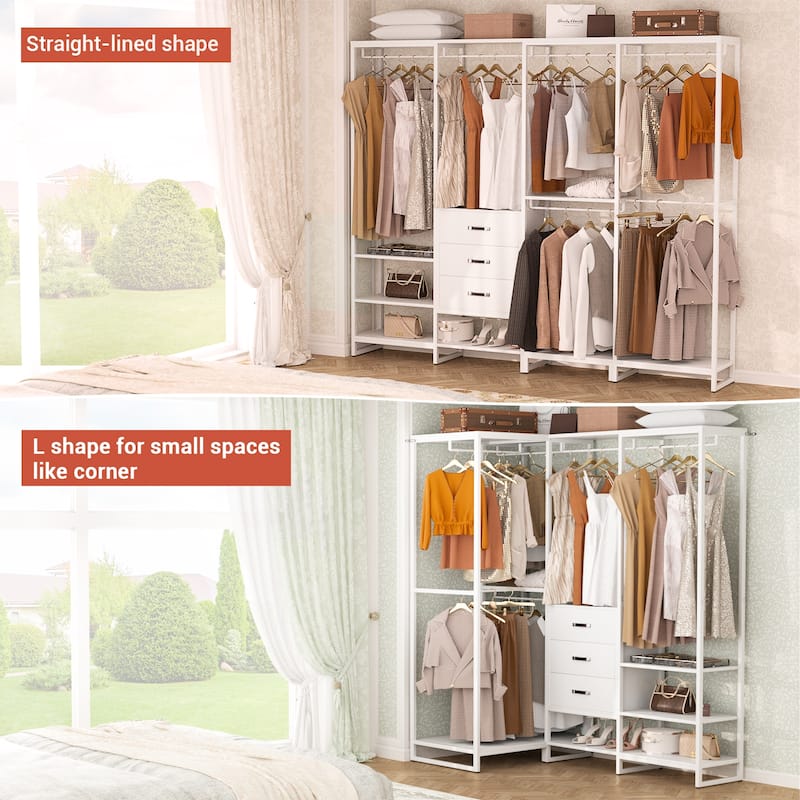 Closet Organizer with Wood Drawers, Garment Rack with Wood Shelves for Reach-in/ Walk-in Closet