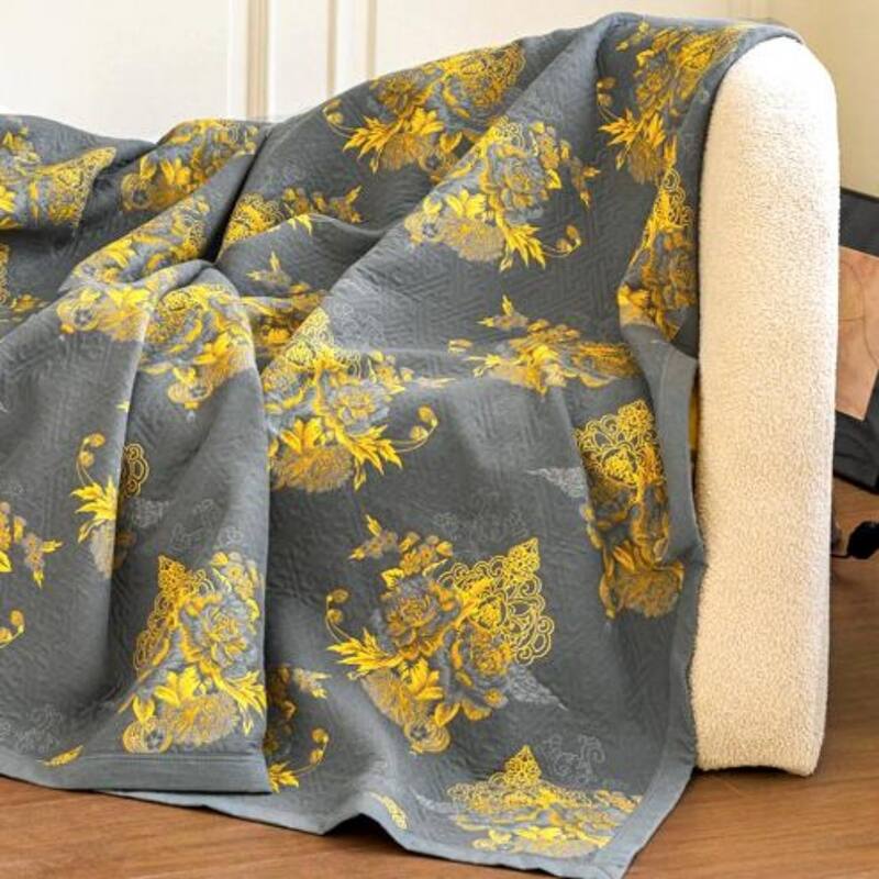 Floral Reverisible Cotton Throw Blanket Yellow & Gray