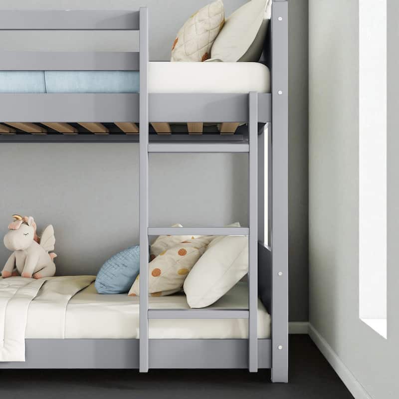 Twin over Twin House Bunk Bed with Roof Frame, Guardrails, Ladder and Headboards, Rubber Wood Kids Floor Bed