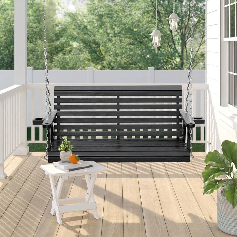 2-Seat Outdoor Wooden Porch Swing Bench with Hanging Chains & Wide Armrests & Cup Holder