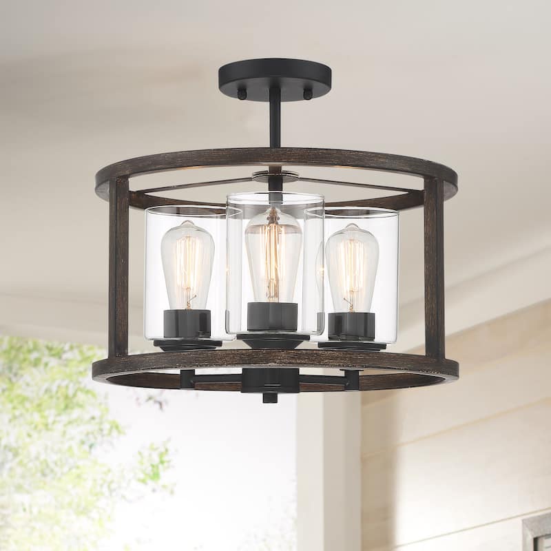 Allegray 3-light Modern Farmhouse Drum Semi-Flush Mount Lights with UL Certified - WeatheredWalnut