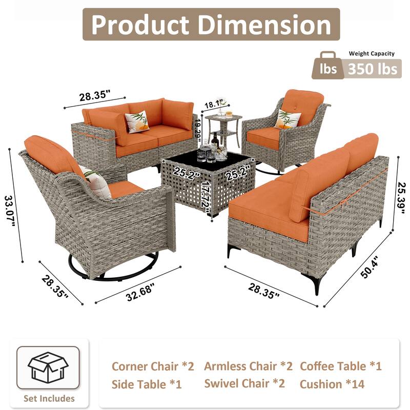 OVIOS 8 Pieces Outdoor Wicker Swivel Chair Set With Solar-Powered Coffee Table