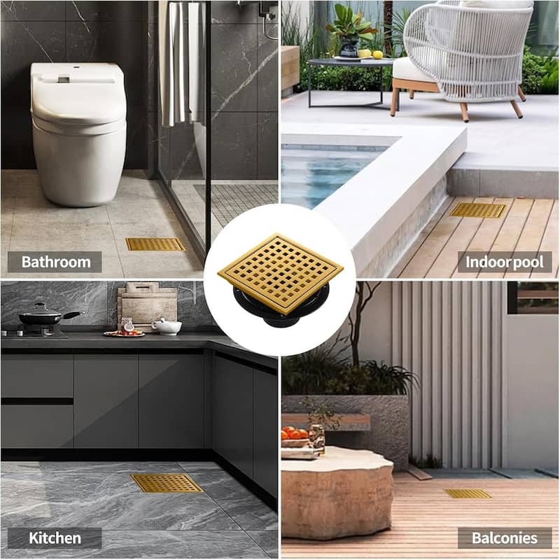 PROOX 6 inch Square Shower Floor Drain with Flange Removeable Grid Panel - 6 in.