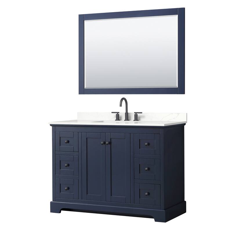 Avery 48-inch Single Vanity, Quartz Top, 46-inch Mirror - Dark Blue, Black Trim, Giotto Quartz Top