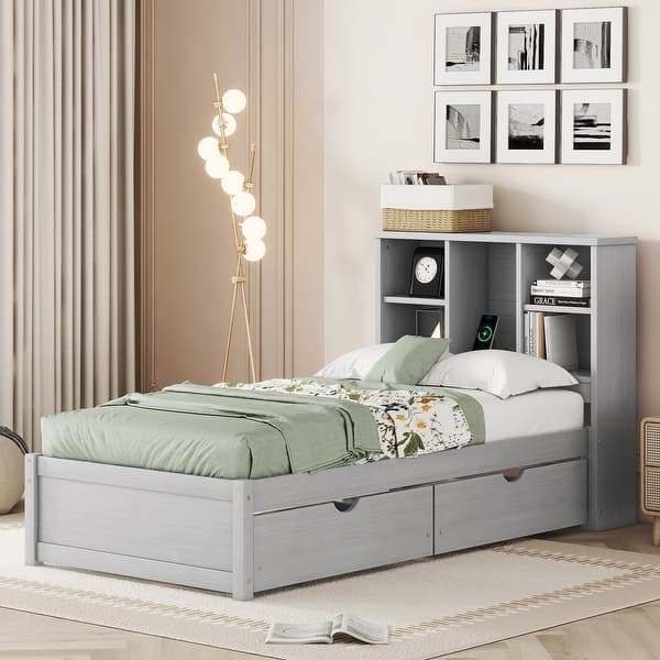 slide 2 of 15, Grey Platform Twin Bed Frame with 2 Drawers, USB Charg Grey - Twin