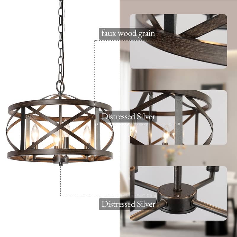 Modern Farmhouse 4-Light Drum Chandelier Wood Grain Lights for Dining Room - D15.5" x H76"
