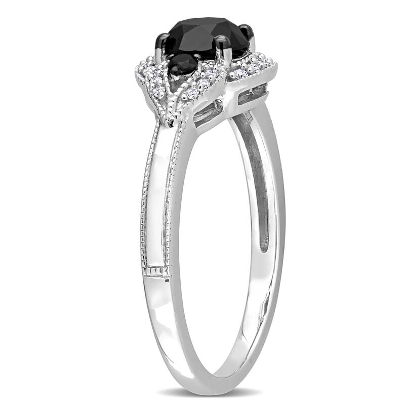 Miadora 1 1/6ct TDW Black & White Diamond 3-Stone Halo Engagement Ring in 14k White Gold