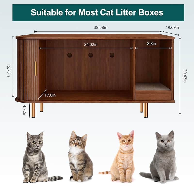38.5" Cat Litter Box Enclosure with Scratch Pad and Sliding Door,Cat Hidden Litter Box Cabinet,Modern Indoor Cat House,TV Stand
