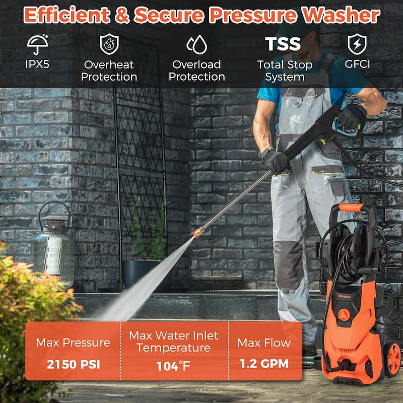 2150 PSI Electric Pressure Washer with Foam Cannon and 4 Connect Nozzles Hose Reel and Wheels