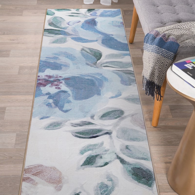 My Magic Carpet Sasha Floral Cream Blue Machine Washable Rug - 2.5' x 10'