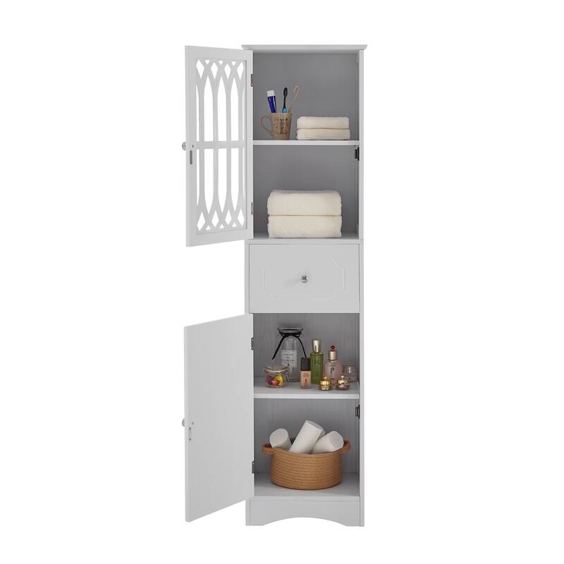 Tall Bathroom Cabinet, Freestanding Storage Cabinet, Wood Narrow Organizer with Adjustable Shelves, 1 Drawer & 2 Doors