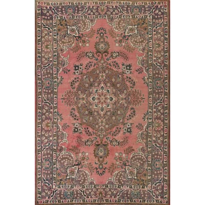 Pink Tabriz Persian Vintage Area Rug Handmade Wool Carpet - 6'8" x 9'10"