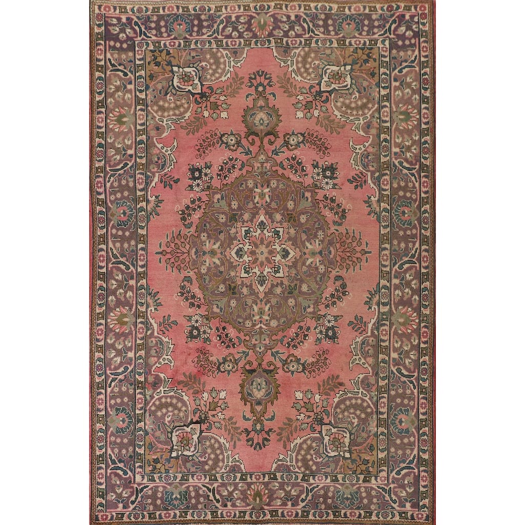 Pink Tabriz Persian Vintage Area Rug Handmade Wool Carpet - 6'8" x 9'10"