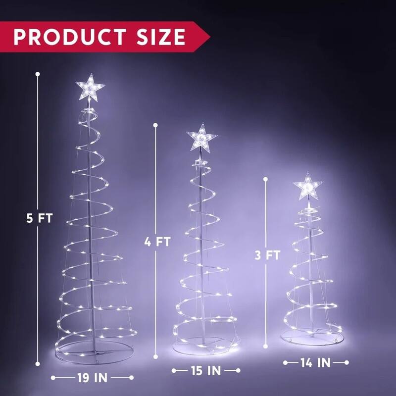 3, 4, 5 Ft Tall Cool White Metal and PVC Indoor Outdoor Spiral Christmas Tree LED Yard Light (Set of 3)