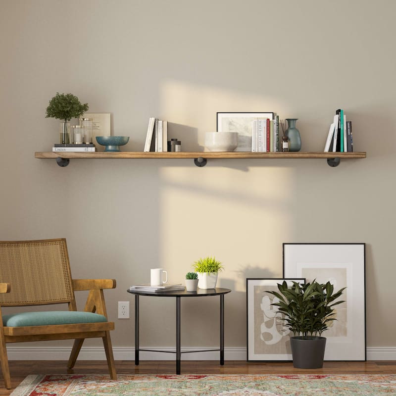 Wallniture 60 or 84 inch Long Wall Shelf, Industrial Pipe Shelving, Wooden Book Shelves for Living Room, Rustic Decor, 1 Pc - 84"