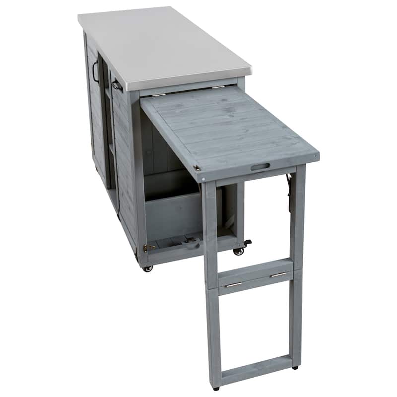 78.3" Outdoor Kitchen Island with Foldable Grill Table, Wooden Outdoor Grill Cart with Trash Can Storage & Stainless Steel Top