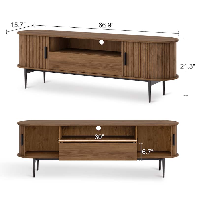 TV Stand with Drawer for TV Up to 75", Mid Century Entertainment Center with Fluted Door Cabinets & Cable Hole