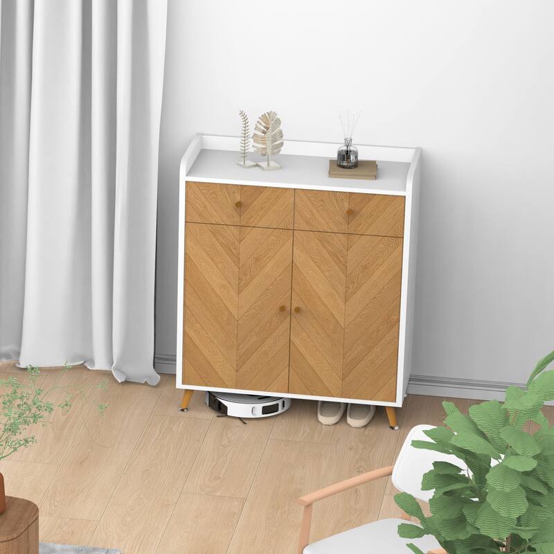 Shoe Cabinet, 4-Tier Shoe Rack Organizer with 2 Drawer, Herringbone Wooden Freestanding Shoe Storage Cabinet with 2 Door - White