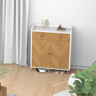 Shoe Cabinet, 4-Tier Shoe Rack Organizer with 2 Drawer, Herringbone Wooden Freestanding Shoe Storage Cabinet with 2 Door
