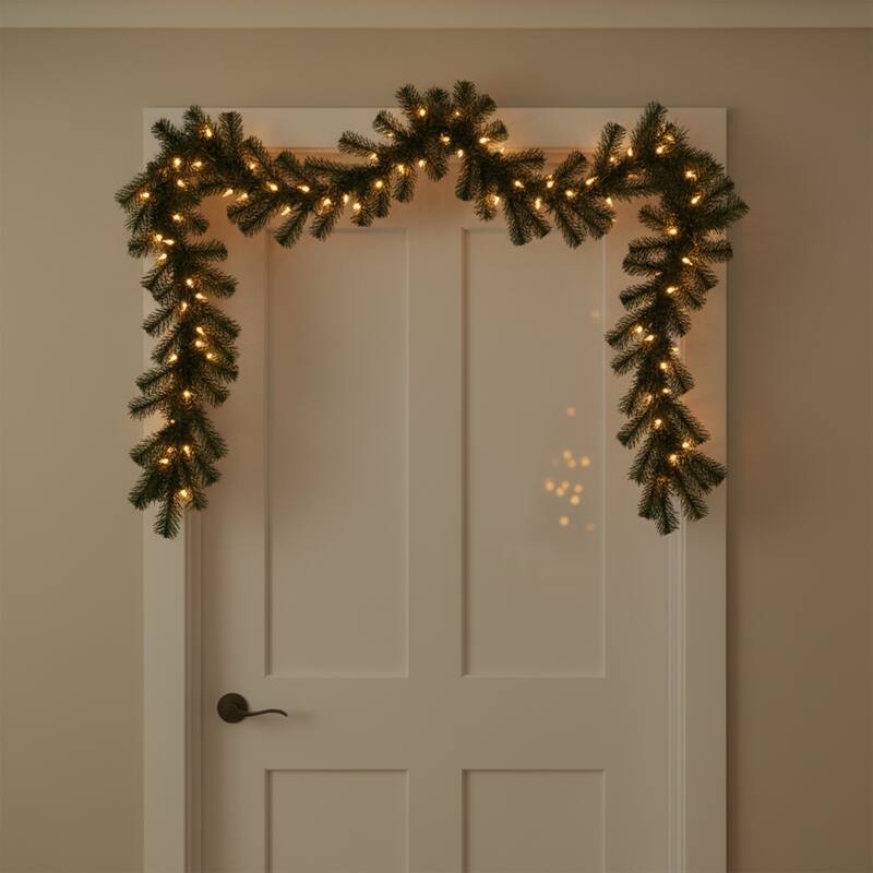 9' x 12" Green Beaver Pine Artificial Christmas Garland, Clear Lights