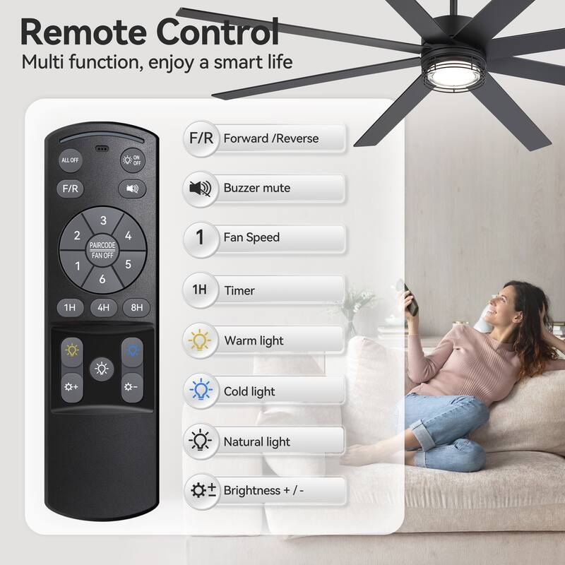 72/52-inch Reversible 8/5-Blade Dimmable LED Ceiling fan with Light and Remote