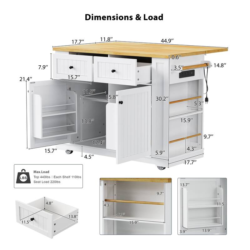 48" Kitchen Island with Drop Leaf & Power Outlet, Rolling Storage Cart with Internal Racks, Drawers & Shelves
