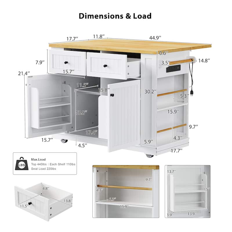 Kitchen Island Cart with Drop Leaf Rolling Kitchen Storage Cart on 5 Wheels with Drawers, Mobile Island Table for Kitchen