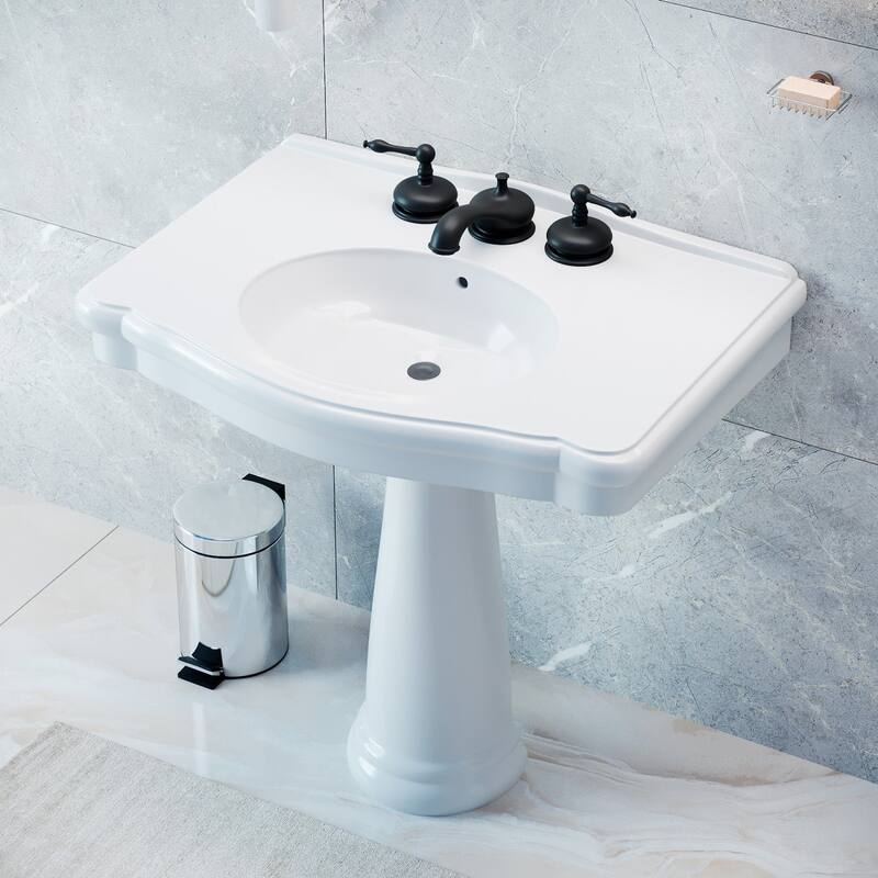 White Bathroom Pedestal Sink with Overflow and 8" Black Widespread Faucet Renovators Supply