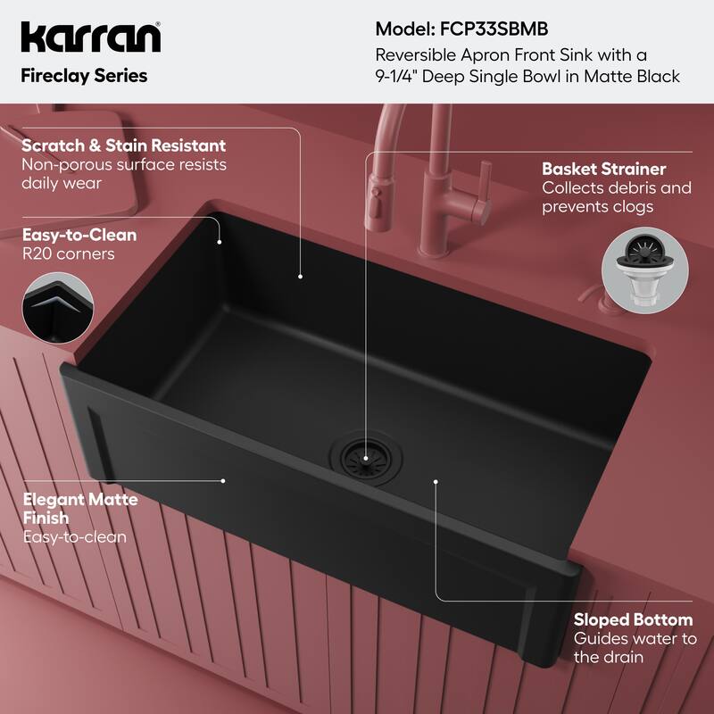 Karran FCP33SB 33" Single Bowl Panel Front Farmhouse Fireclay Kitchen Sink with Reversible Apron Front