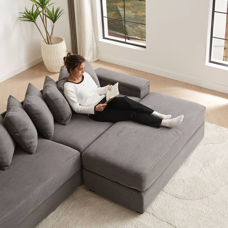 104" Corduroy L-Shaped Sectional Sofa with Ottoman Included, 8 Pillows and Armrest Storage - Grey