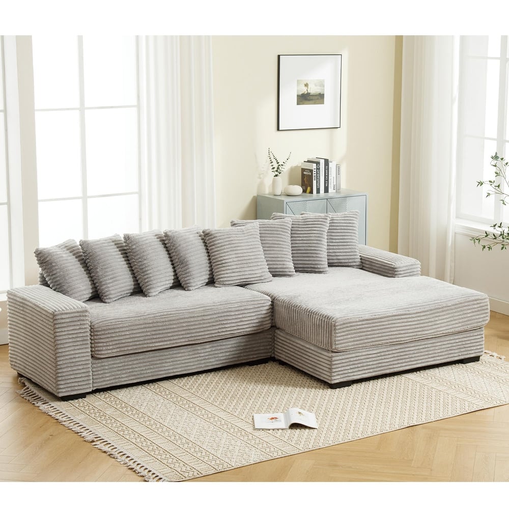 L Shaped Modular Sectional Sofa with Chaise, Oversized Corduroy Upholstered Sleeper Sofa, Floor Corner Sofa with Throw Pillows