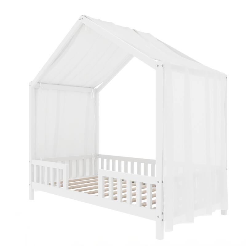 Twin Bed Frame for Kids, House Shape Toddler Bed Frame with High Railings, Wood Kids Bed with Roof