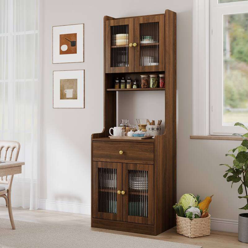 Wooden Sideboard Buffet Cabinet with Microwave Stand, Tall Accent Pantry Cabinet with 2 Storage Cabinets