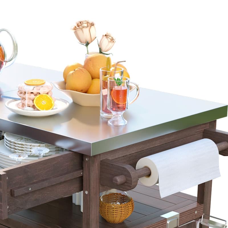 40.5" Outdoor Grill Cart with Stainless Steel Top,Solid Wood Outdoor Storage Cabinet with Drop Leaf - N/A