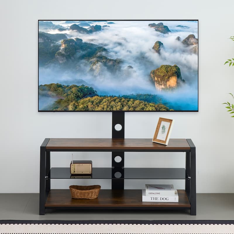 Swivel TV Stand with Glass Shelves, Entertainment Center Media Console with Adjustable Height & Charging Station