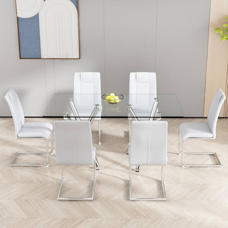 Leather Dining Chair Set of 6 Office Chair with C-Shaped Metal Legs