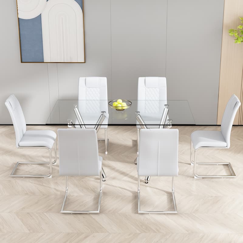 Modern Dining Chairs with Faux Leather Padded Seat Dining Living Room Chairs Upholstered Chair with Metal Legs Design - White