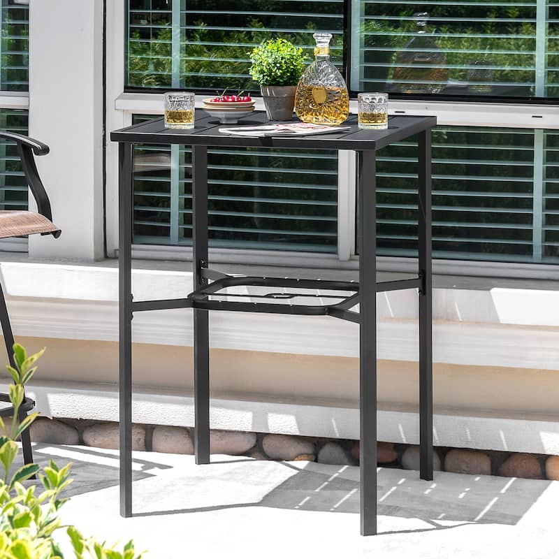 Outdoor 28 Inch Square Bar Table with Slatted Top and 1.7” Umbrella Hole - Black