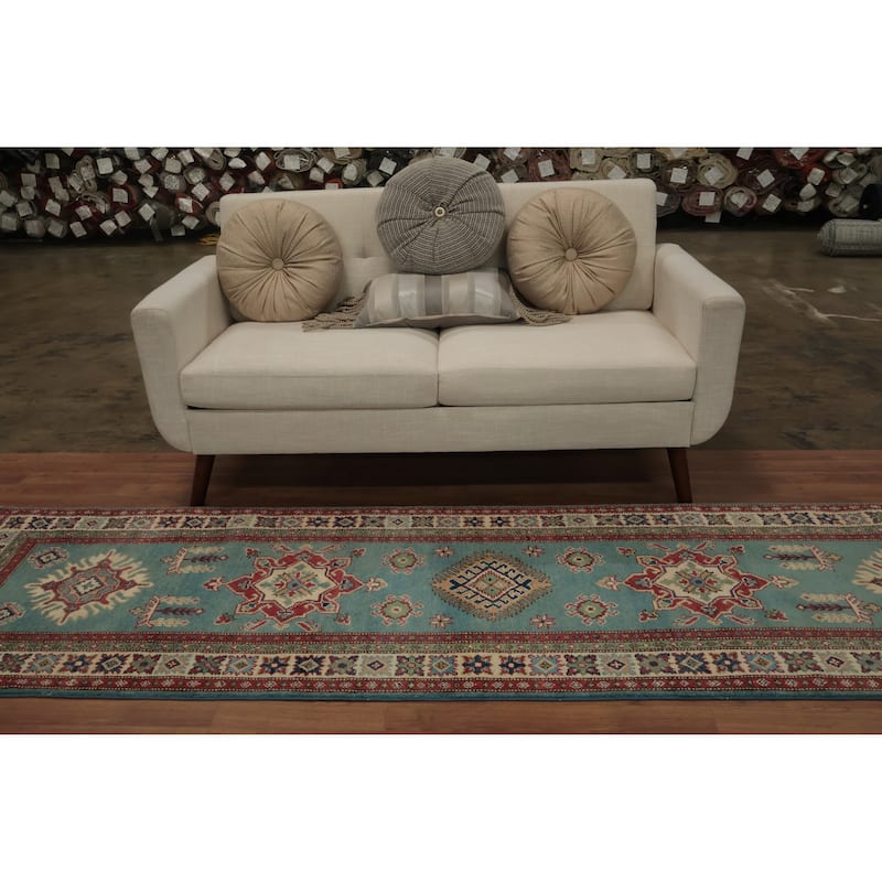 Hand Knotted Oriental 100% Wool Carpet Traditional Geometric Navy Blue & Blues Kazak Runner Rug - 9' 8'' X 2' 9''