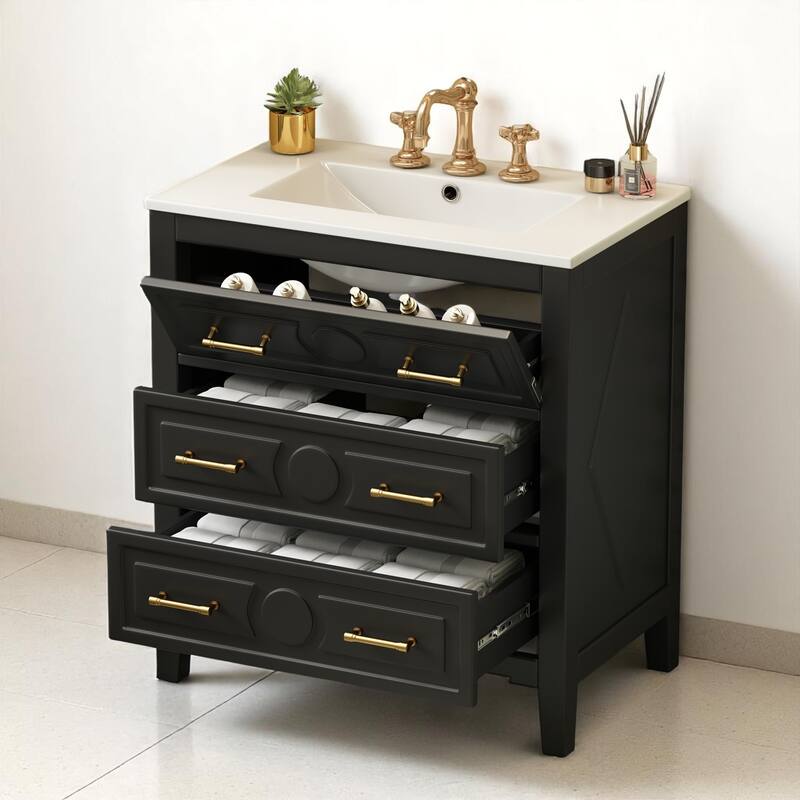 30" Bathroom Vanity with Ceramic Sink, 3 Drawers, Solid Wood Frame,Retro Cabinet, Pre-Drilled for 4" Faucet, Storage Organizer