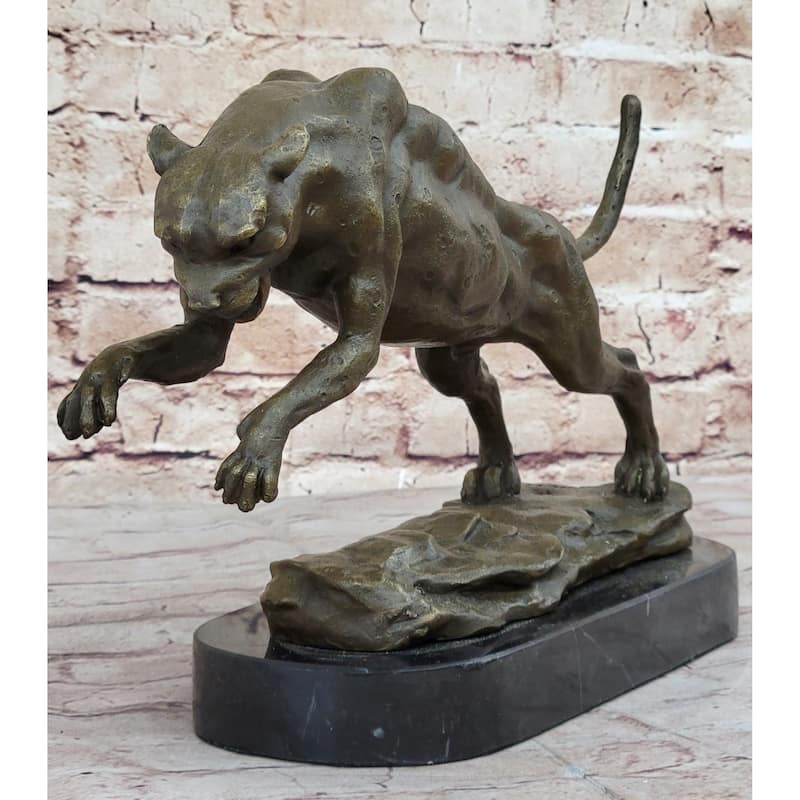 Handmade Panther Jumping Bronze Sculpture Cubism Statue Cougar Puma Feline
