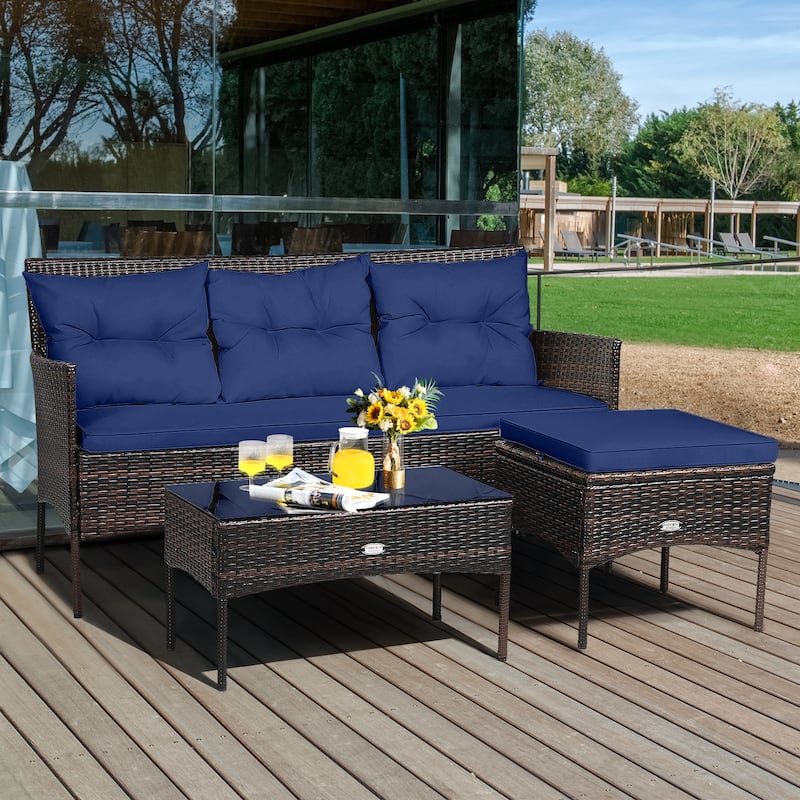 Gymax Set of 3 3-Seat Sofa Cushioned Table Rattan Furniture Set Garden
