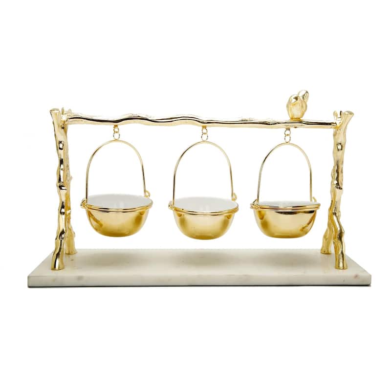 3 Hanging Bowls on Gold Branch and Marble Base