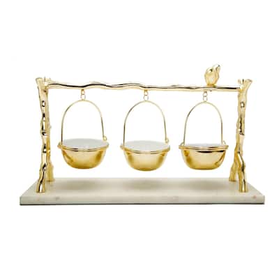 3 Hanging Bowls on Gold Branch and Marble Base