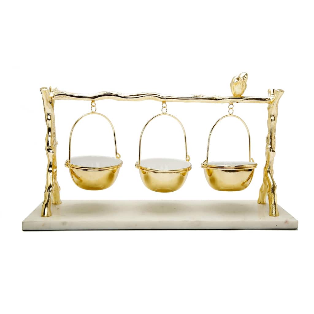 3 Hanging Bowls on Gold Branch and Marble Base