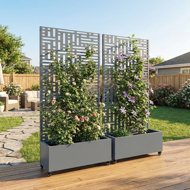 Metal Movable Planter Box with Trellis Privacy Screen Lockable Wheels