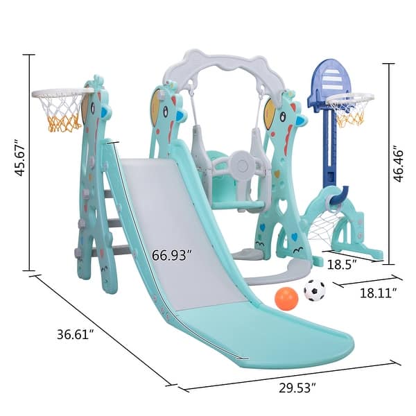 dimension image slide 0 of 2, 5 in 1 Long Slide w/ Basketball Hoops,Football gate,Ringtoss,Swing Set